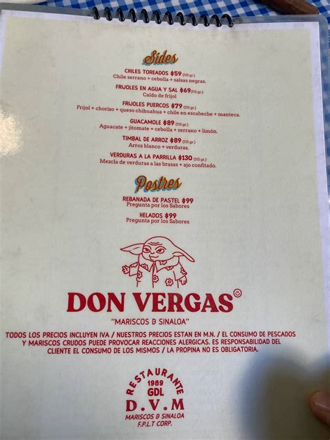 Menu at Mariscos Don Vergas restaurant, Guadalajara